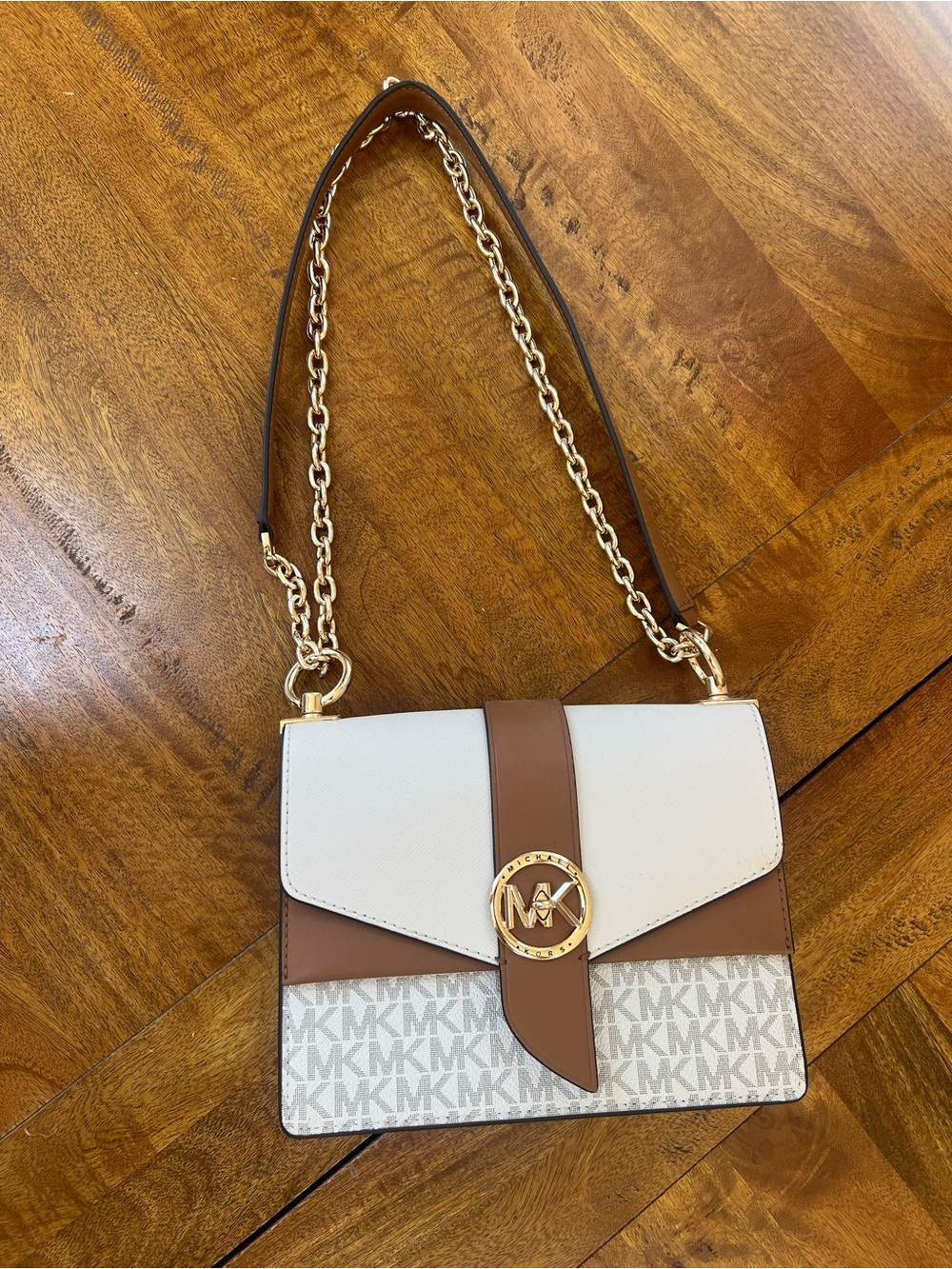 Michael Kors Greenwich Bag White, Brown & Logo with Gold Chain